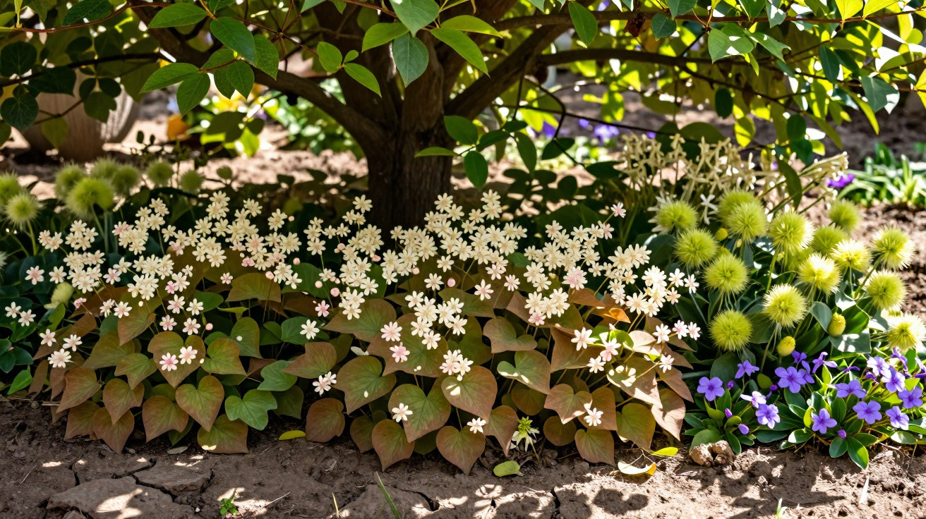 Varied spring flowers, including white, yellow, and purple blooms, beneath green leafy tree branches in a garden.