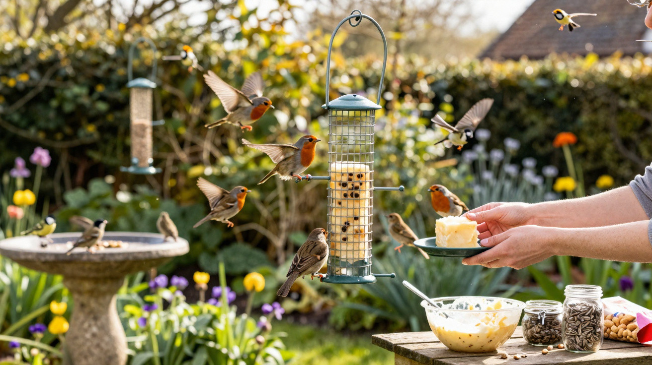 Person offering cake to birds around a garden bird feeder and birdbath on a sunny day