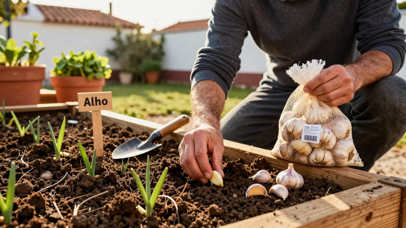 Person planting garlic cloves in a raised garden bed labelled "Alho" with gardening tools nearby.
