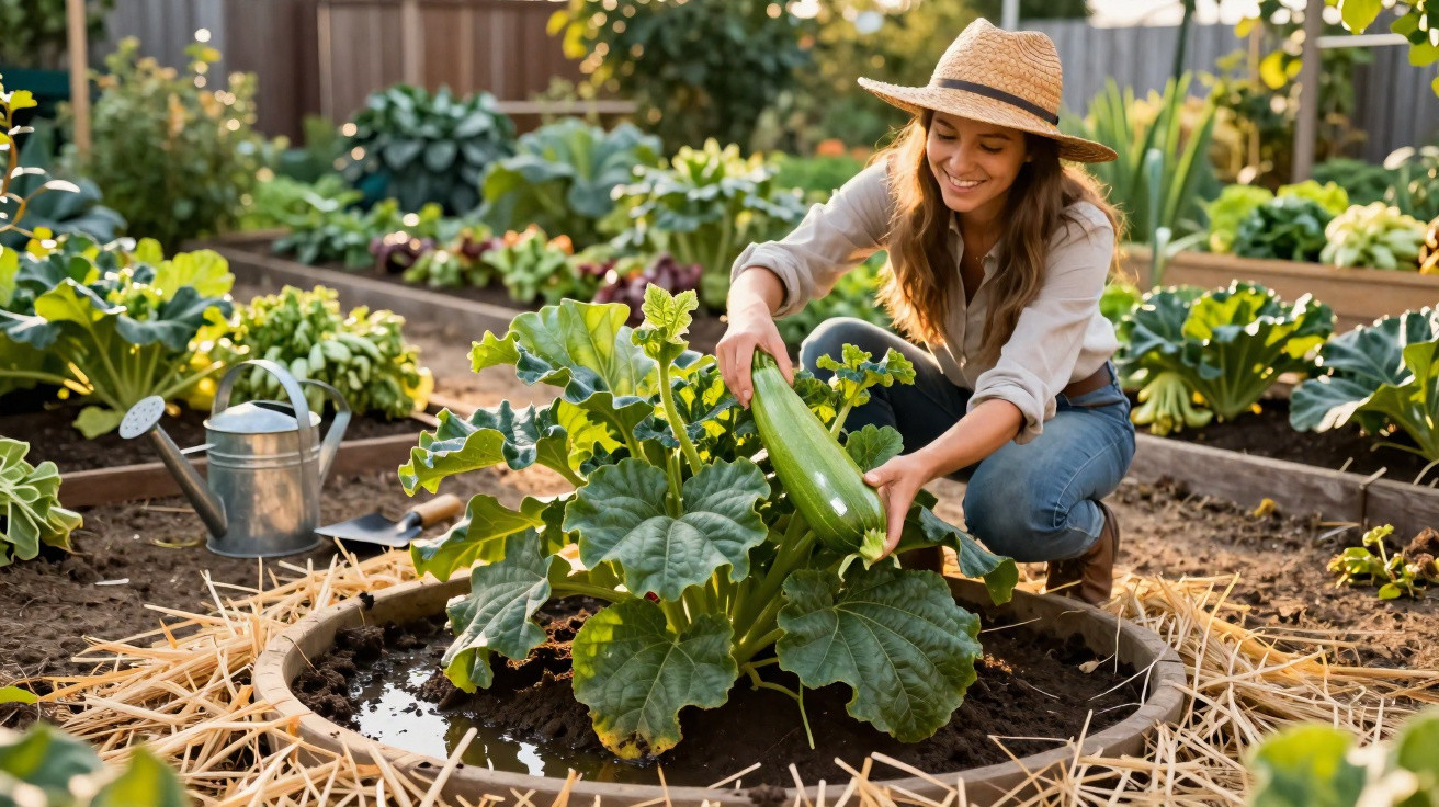 Young woman in a straw hat harvesting a large courgette in a raised garden bed surrounded by green plants.