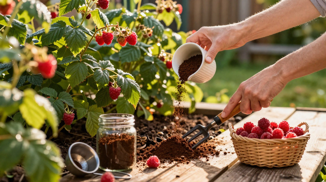 Hands pouring coffee grounds onto soil near raspberry plants with a basket of fresh raspberries on a wooden table.
