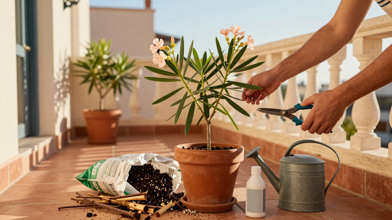 Person pruning a potted flowering plant on a sunlit balcony with gardening tools nearby.