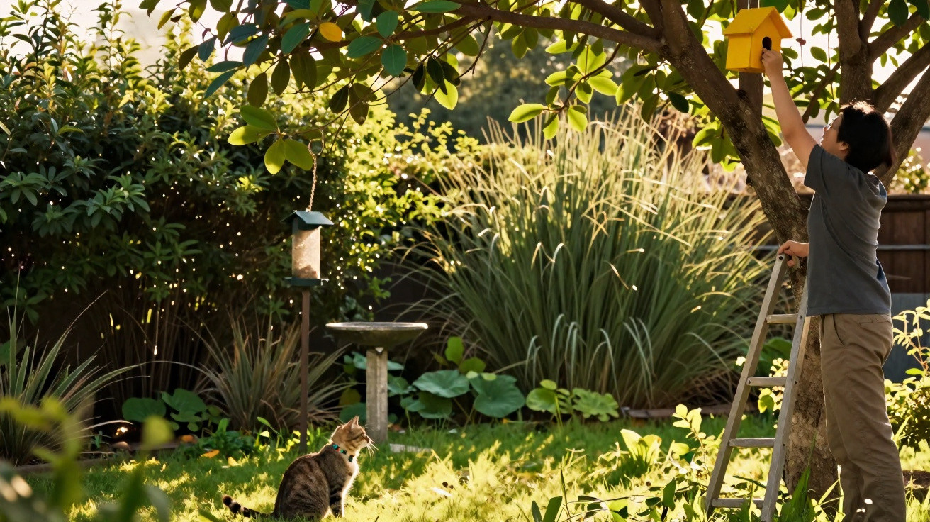 Child on a ladder hanging a yellow birdhouse on a tree in a sunlit garden with a cat nearby.