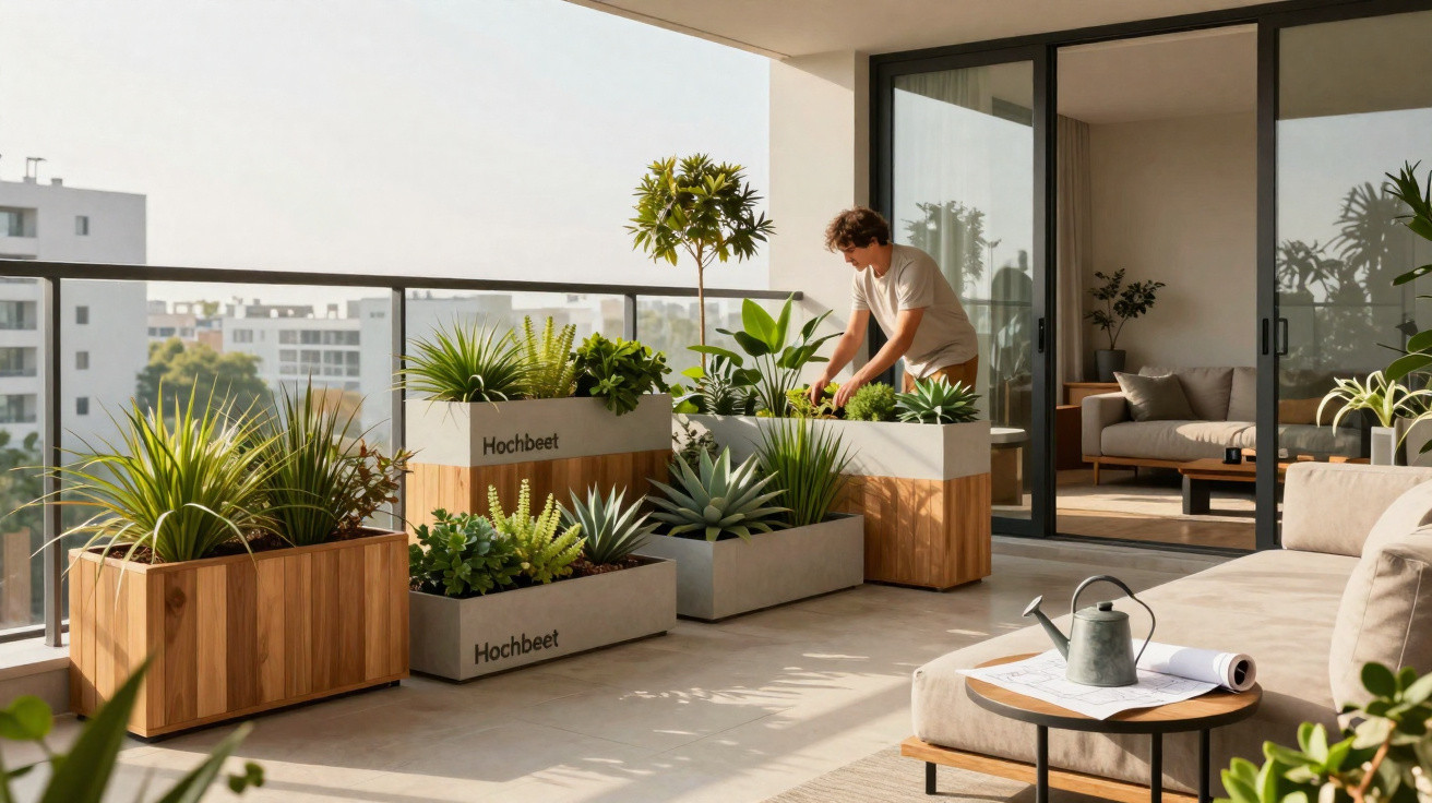 Person tending to plants in modern balcony garden with wooden and concrete planters and city views.