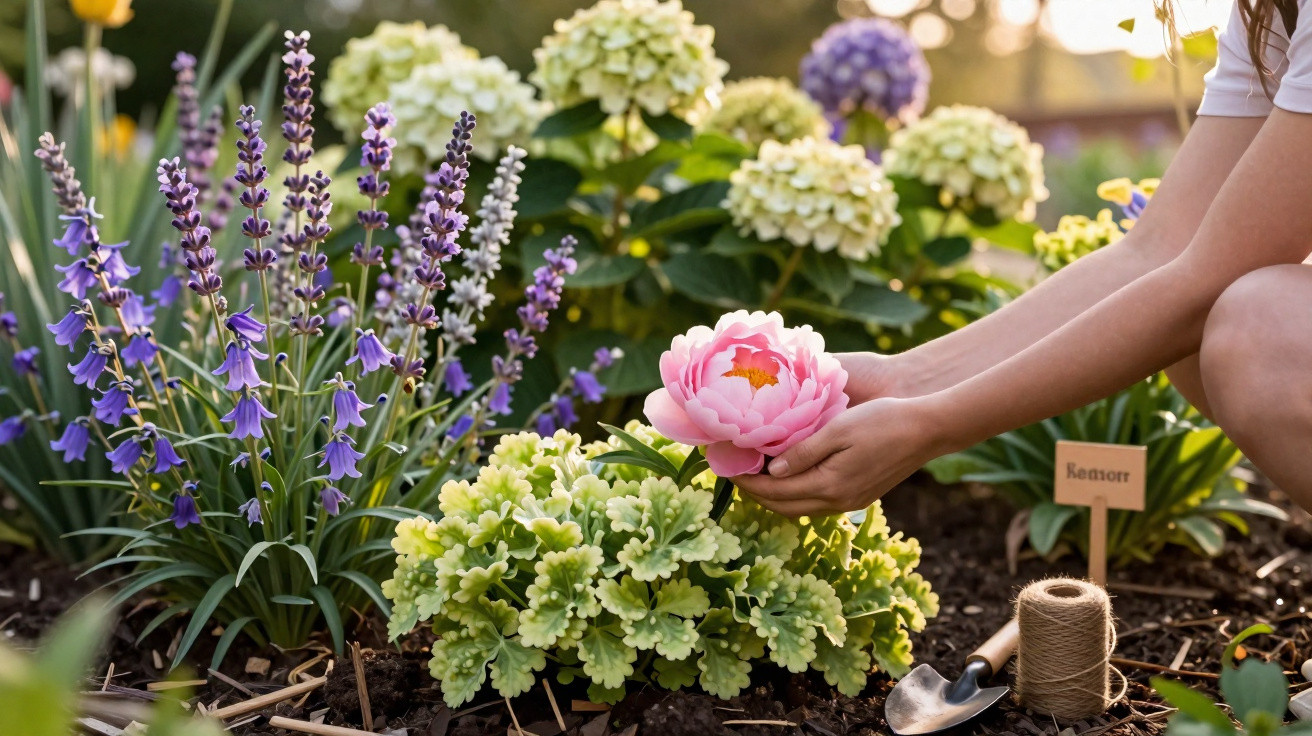 Person holding a pink peony flower in a garden with purple and green plants during golden hour.