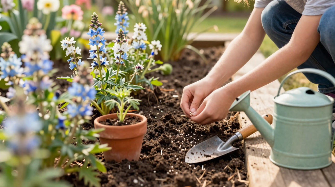 Person planting seeds in soil beside blooming blue and white flowers with a watering can and trowel nearby.