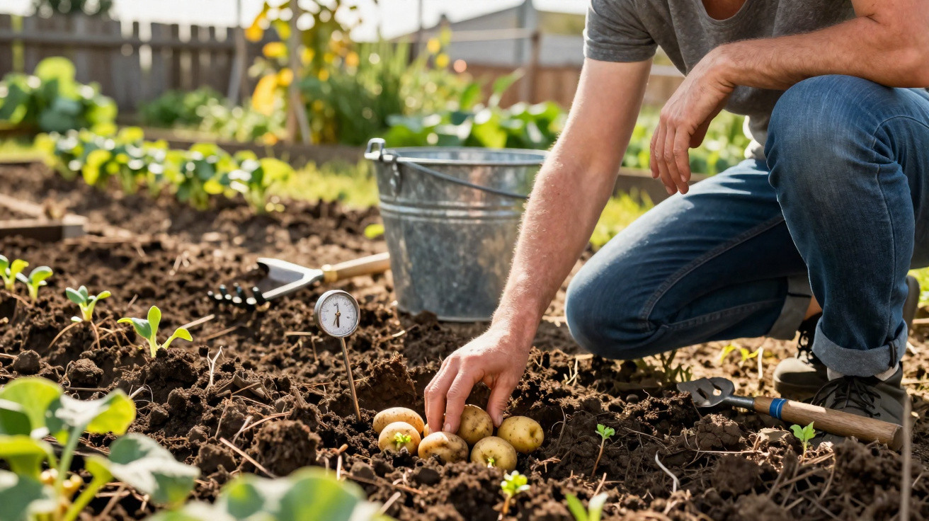 Person harvesting small potatoes from soil in a garden, with gardening tools and plants nearby on a sunny day.