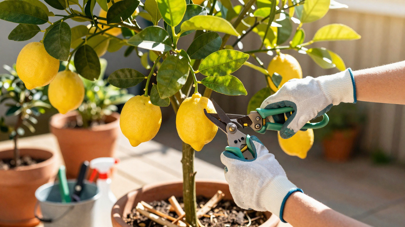 Person wearing gloves pruning ripe lemons from a potted lemon tree with garden shears.
