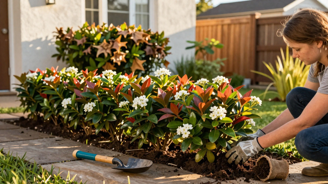 Person planting white flowering shrubs in garden bed beside a house on a sunny day.