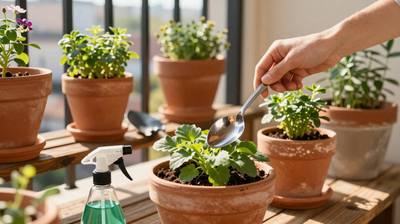 Person watering potted green plants on a wooden balcony shelf with a spoon and spray bottle nearby.