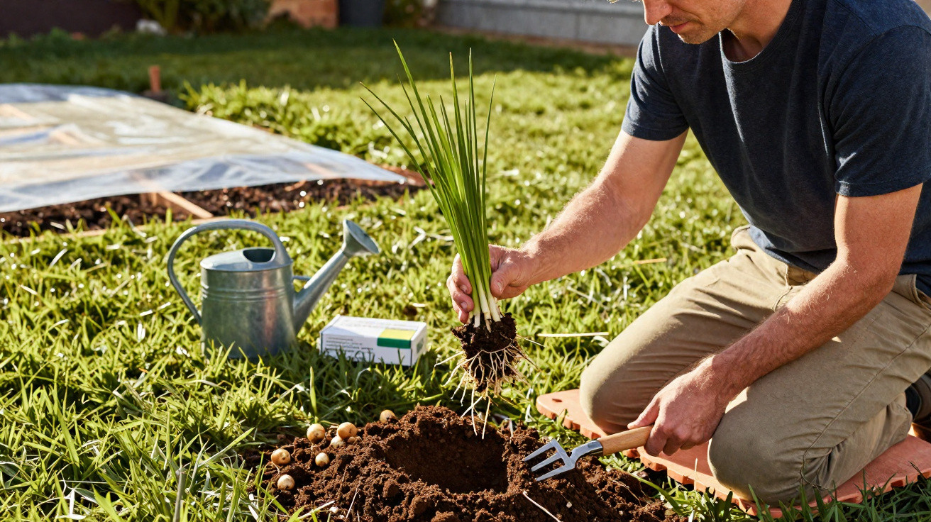 Man kneeling on grass planting a young plant with roots in a garden with a watering can nearby.