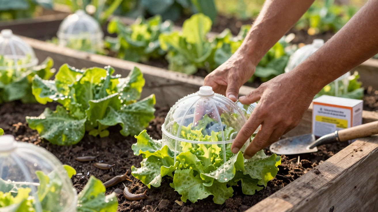 Hands placing a plastic cloche over growing lettuce in a raised garden bed with gardening tools nearby.