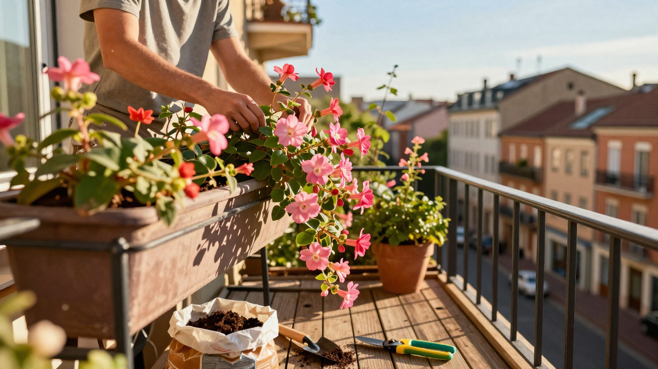 Person tending to pink flowering plants on a sunny balcony with gardening tools and soil bag nearby.