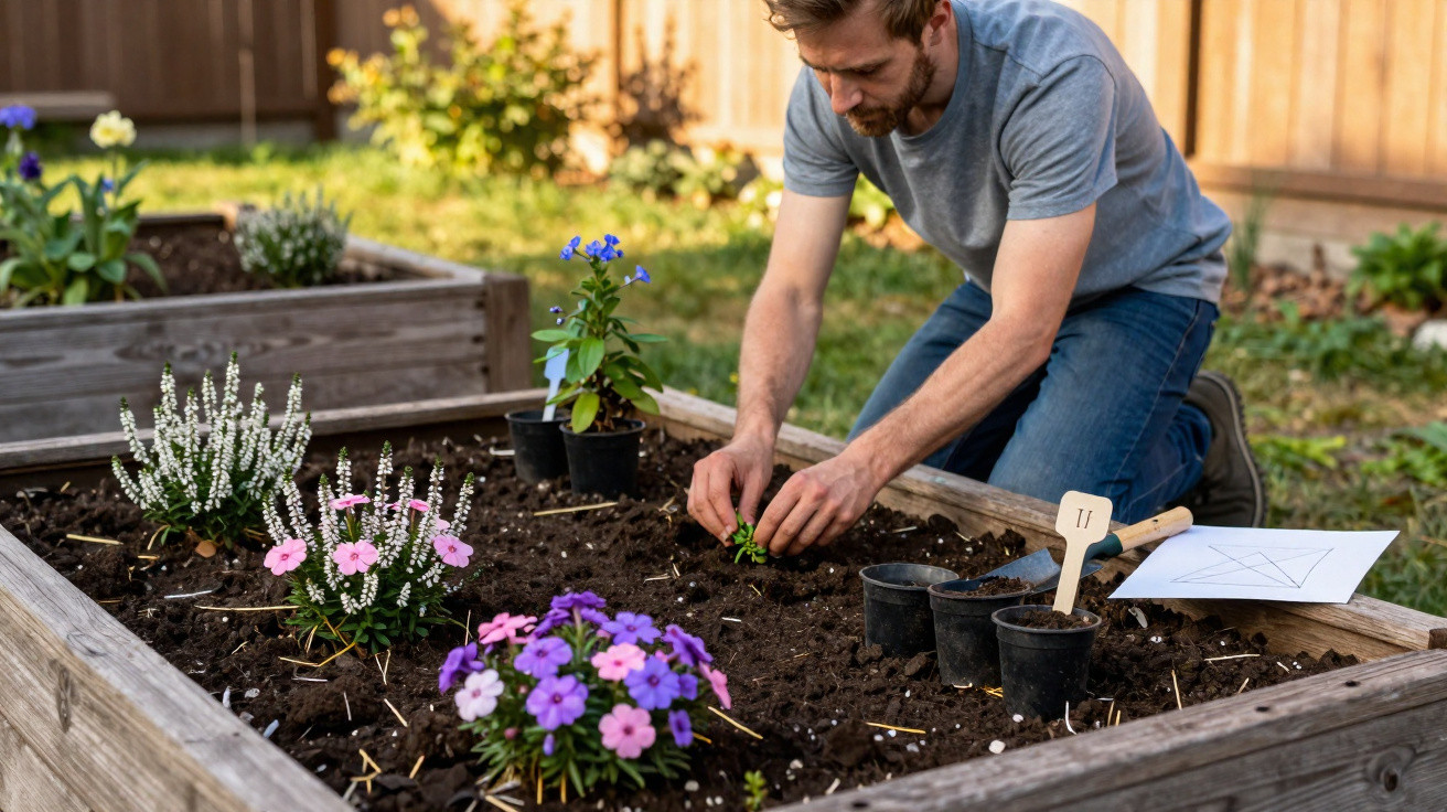 Man planting flowers in a raised wooden garden bed in a sunlit backyard.
