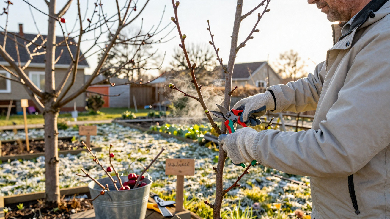 Person pruning a tree branch in a frosty garden with labelled plants and early morning sunlight