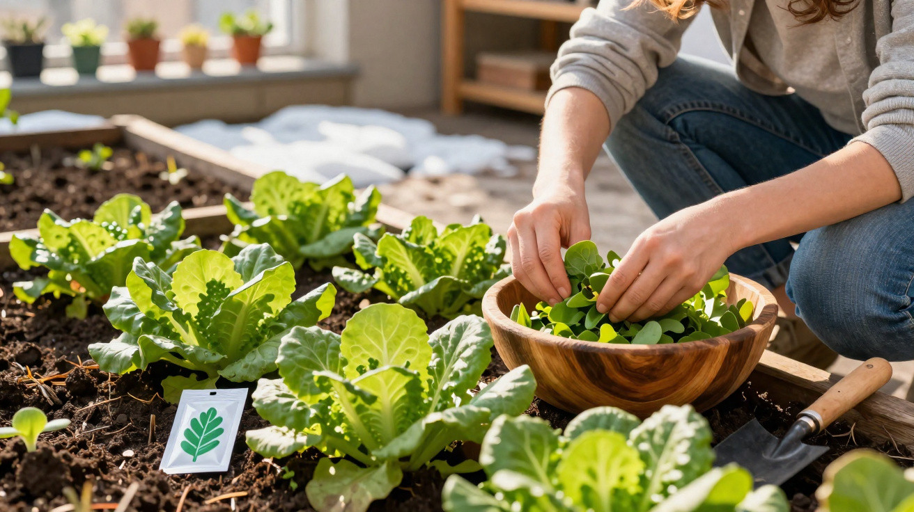 Person harvesting fresh green lettuce leaves into a wooden bowl in a raised garden bed.