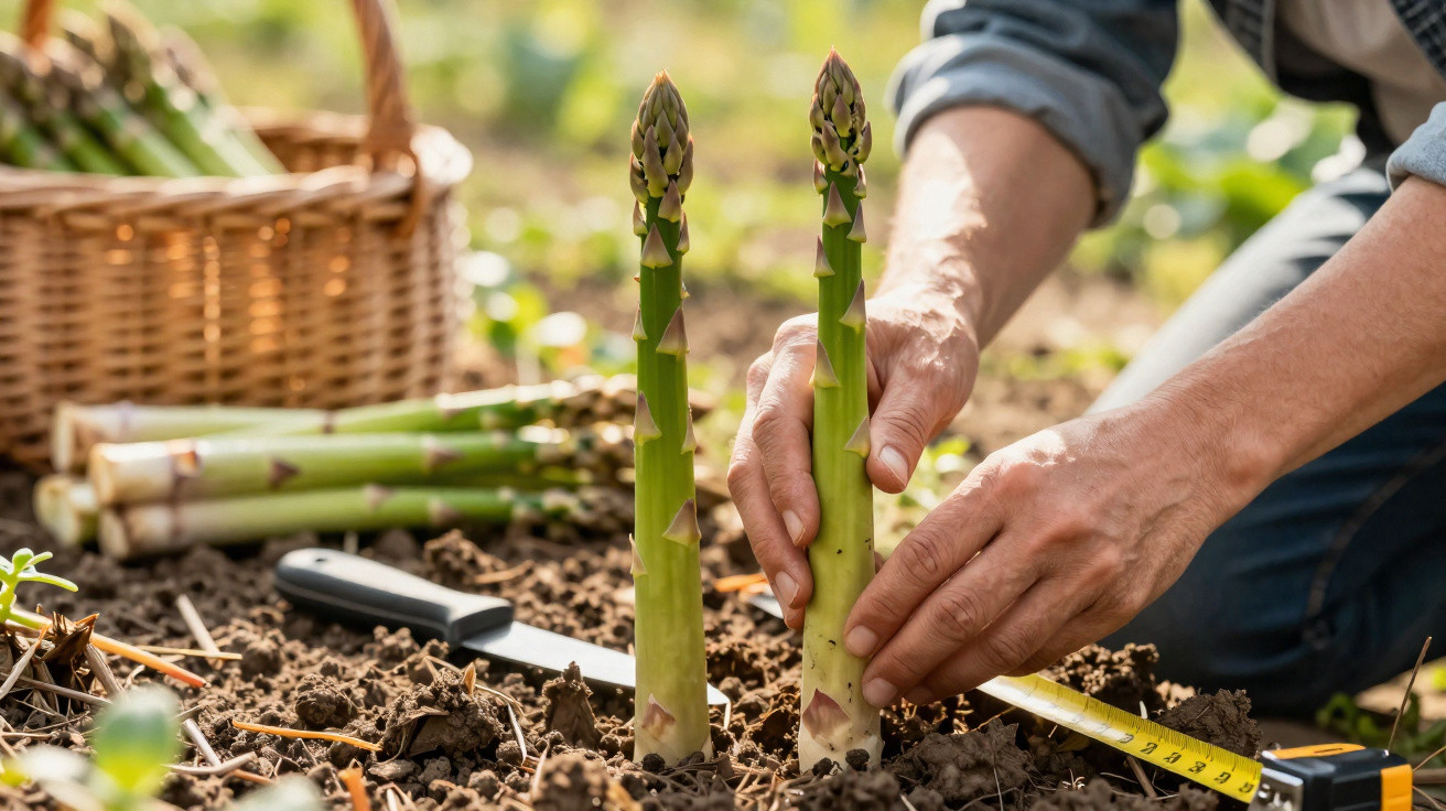 Hands harvesting fresh asparagus spears growing in soil with a basket and knife nearby in a garden.