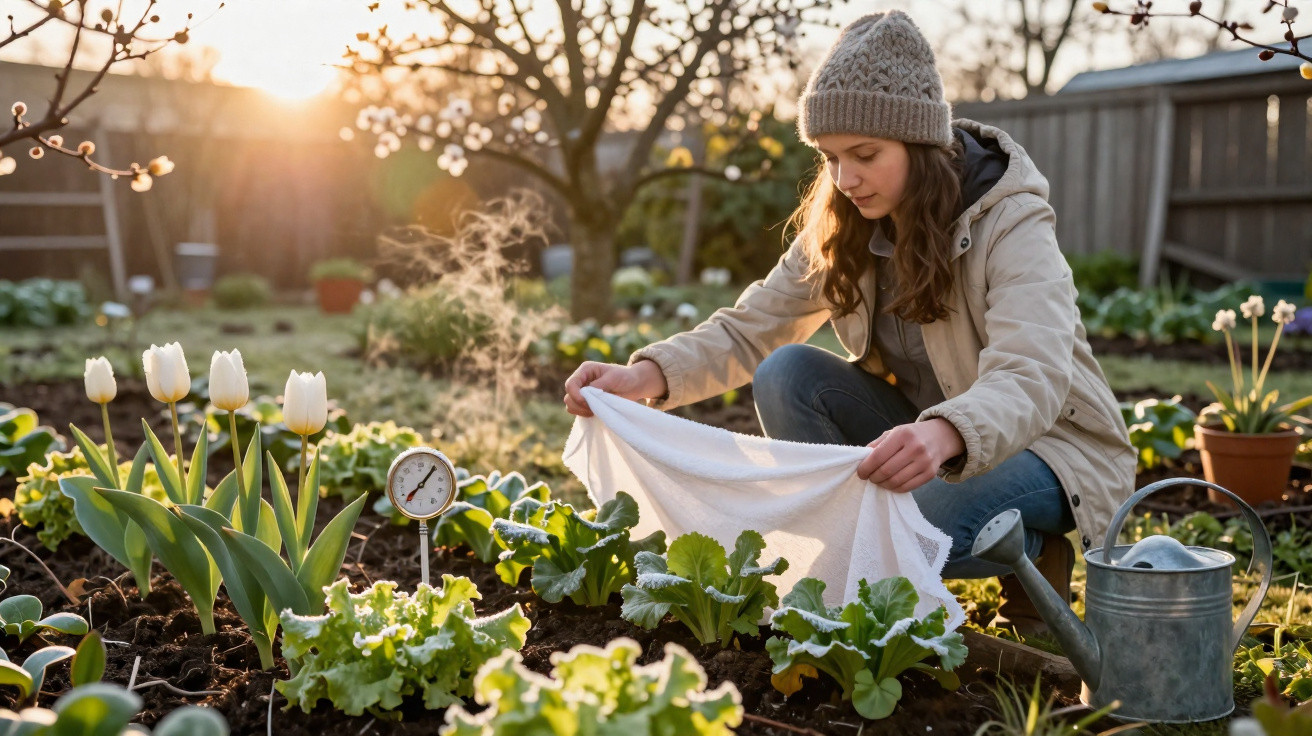 Woman wearing a hat covering plants with a cloth in a garden at sunrise, with a watering can nearby and steam rising.