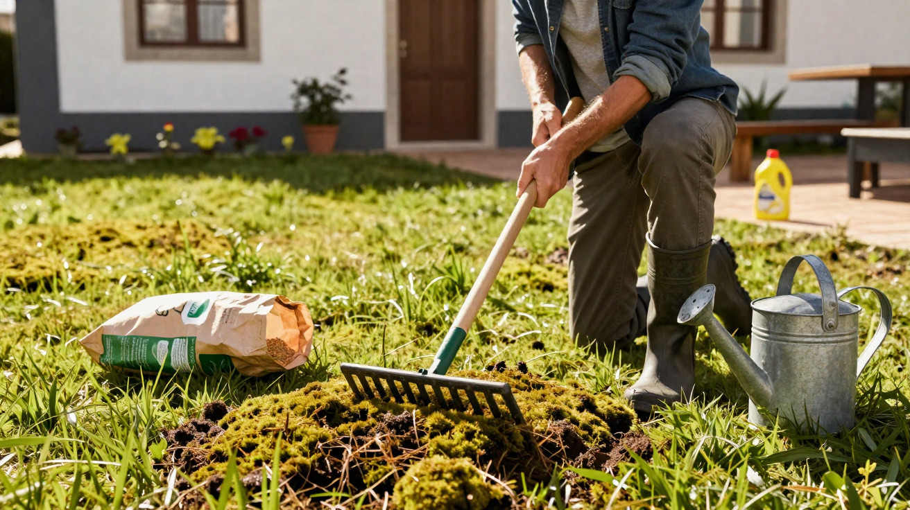Person in boots and denim shirt using a garden rake on mossy lawn with watering can and fertiliser bag nearby.