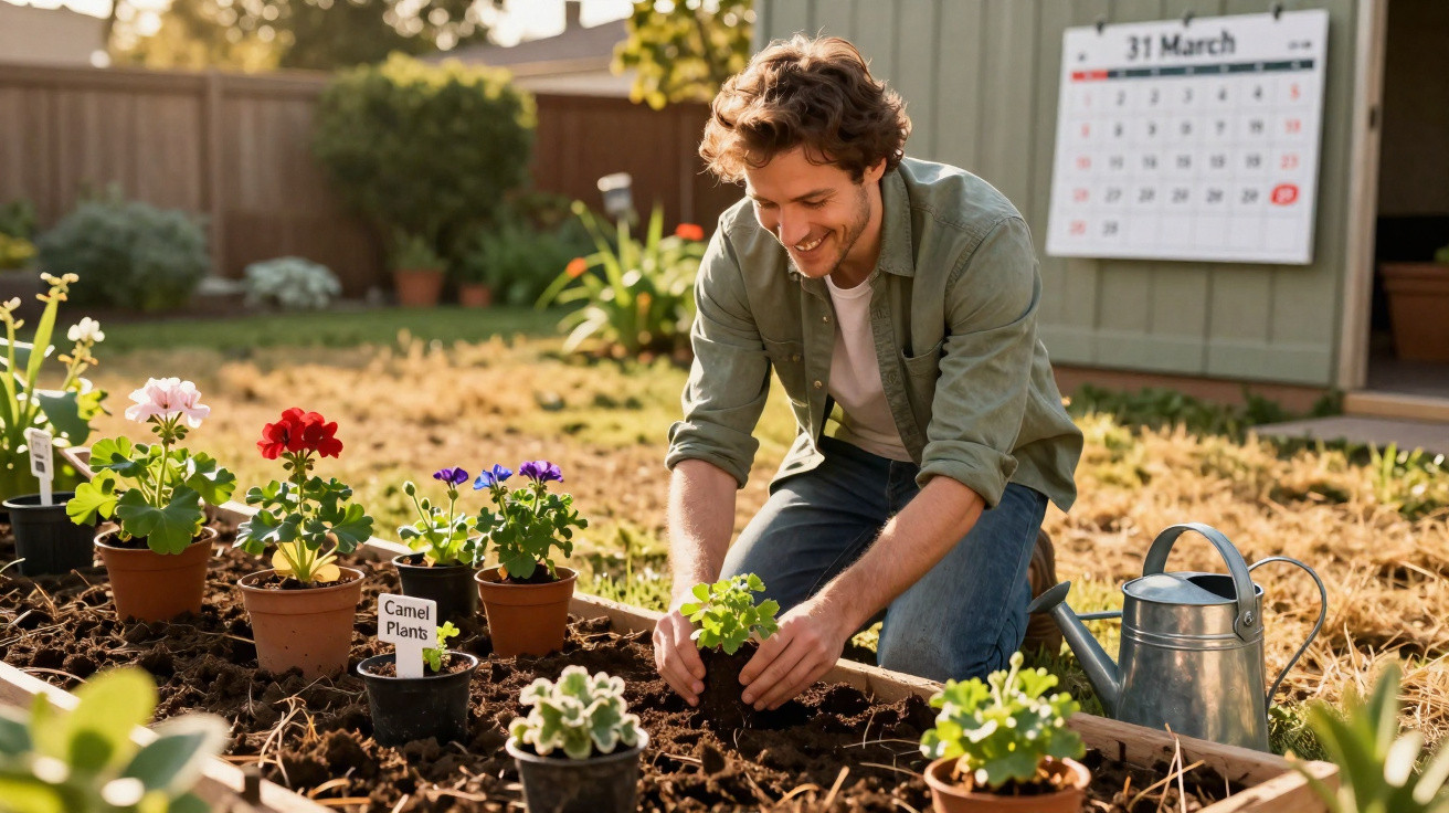 Man planting flowers in a garden bed with a watering can and a calendar showing 31 March in the background