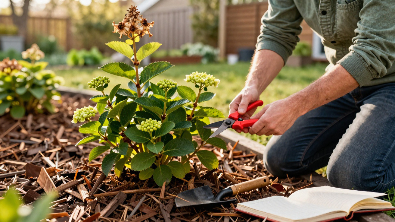 Person pruning a flowering plant in a garden with pruning shears and gardening tools nearby.