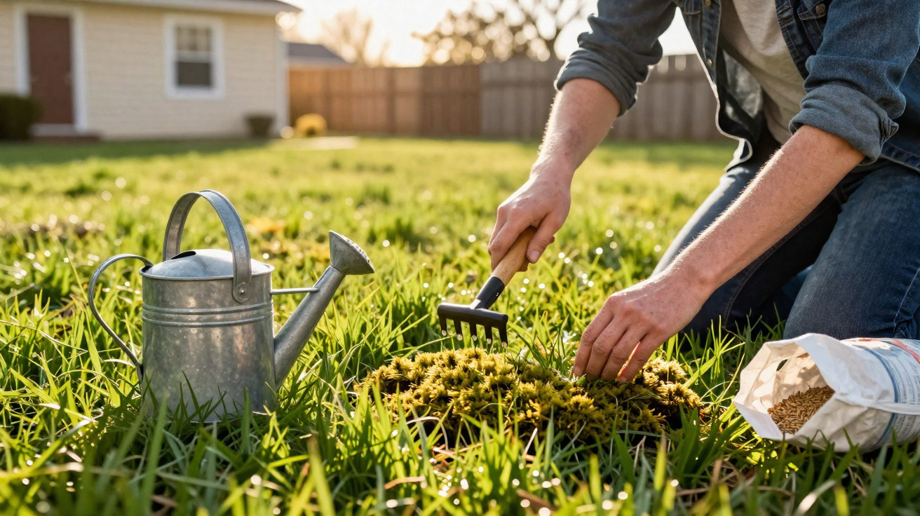 Person using a small rake to remove moss from a green lawn with a watering can and seed bag nearby.