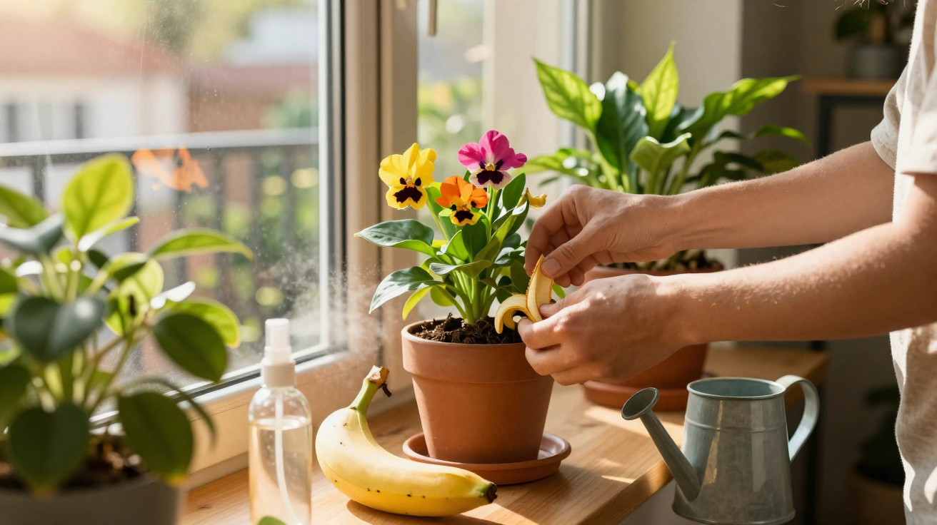 Person adding banana peel to soil in flowerpot on windowsill surrounded by houseplants and watering can.