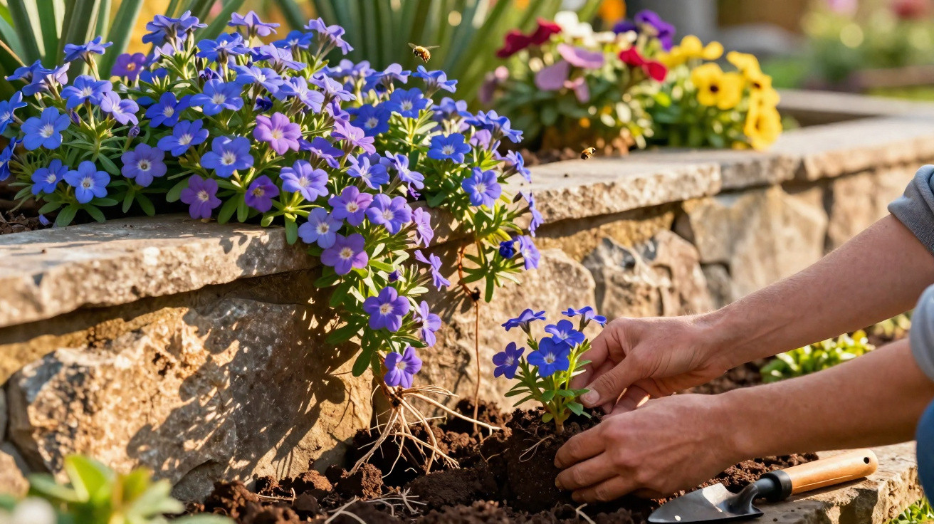 Hands planting purple flowers in a garden bed with stone edging on a sunny day.