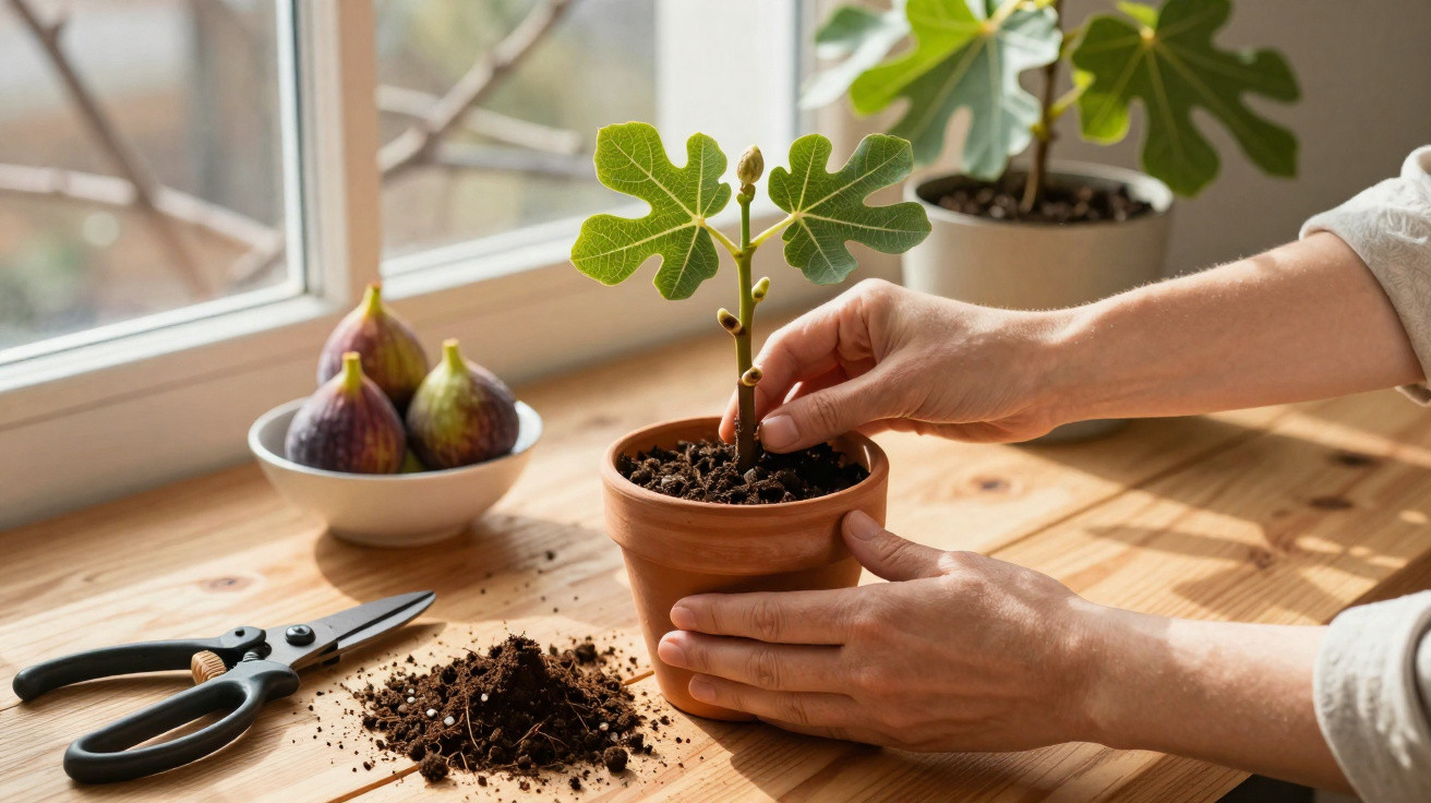 Hands repotting a young fig plant in a terracotta pot on a wooden windowsill with figs nearby.
