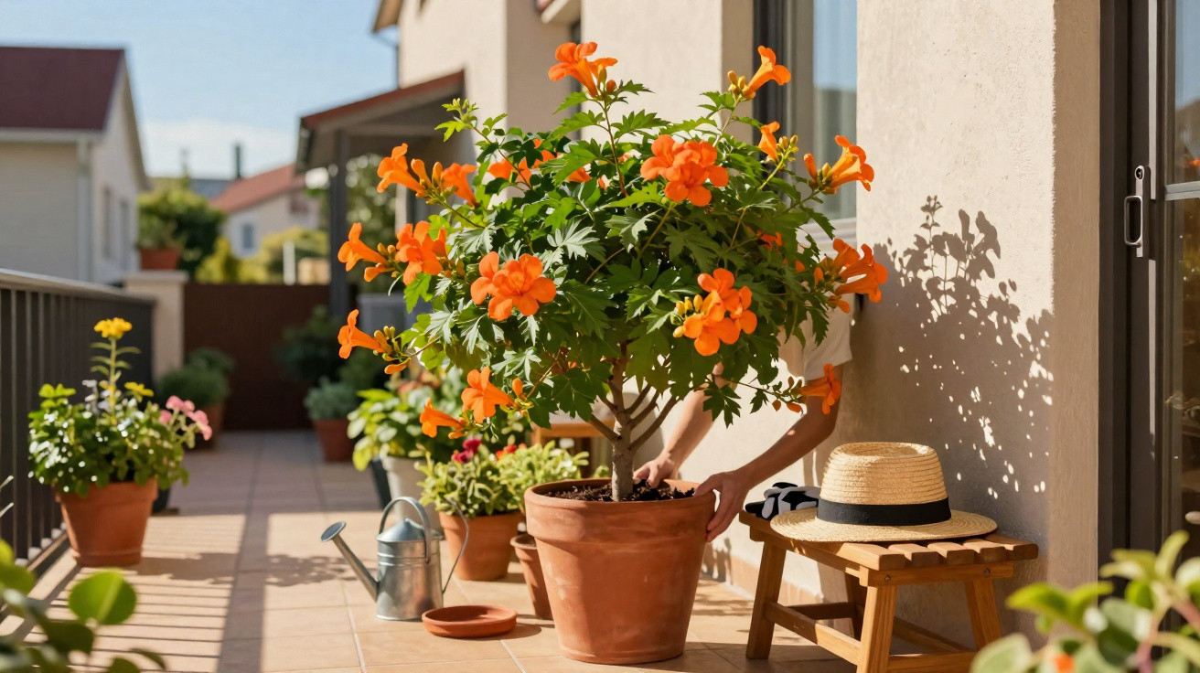 Person tending to large orange flowering plant in terracotta pot on sunny balcony with other potted plants