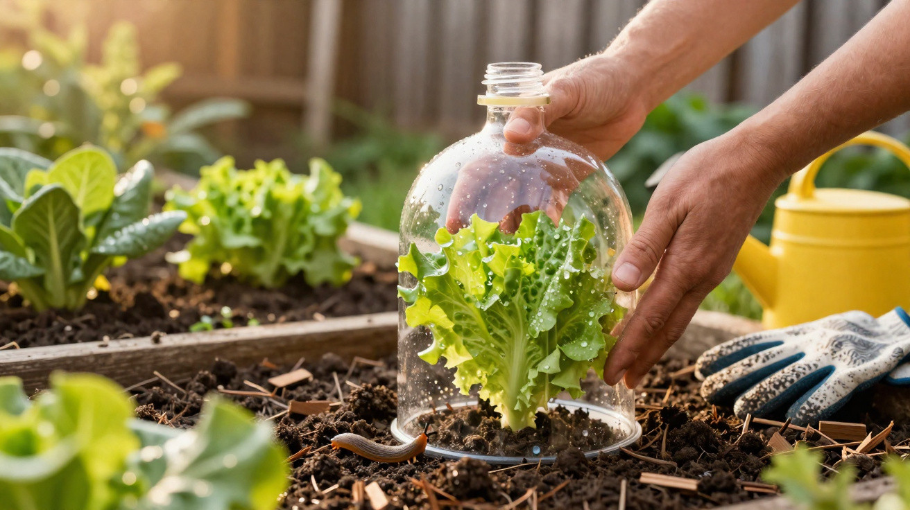 Hands placing a plastic bottle cloche over a young lettuce plant in a garden bed with gardening gloves nearby.