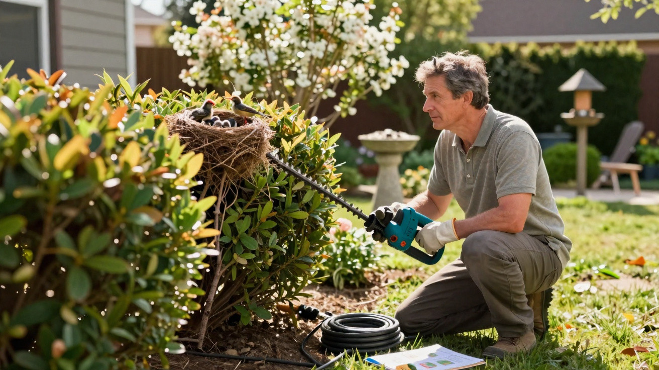 Man using a tool to remove birds and eggs from a nest in a garden bush.