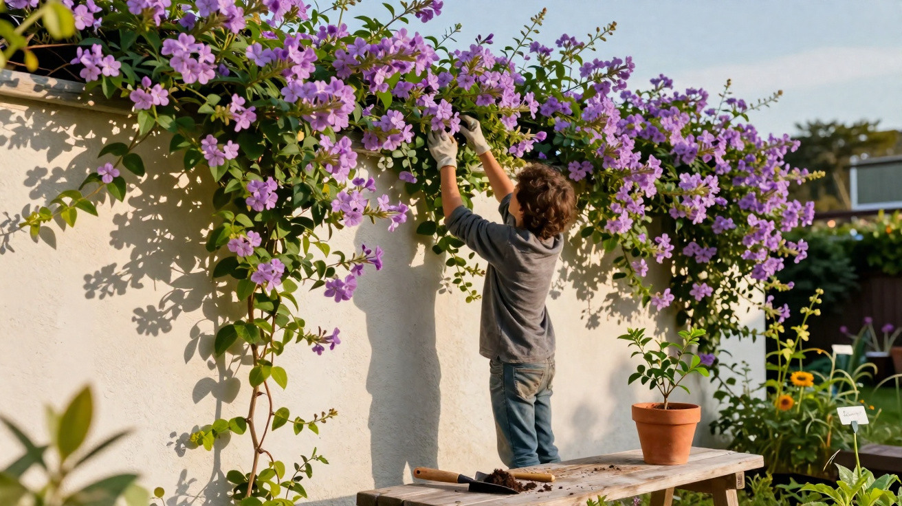 Child wearing gloves pruning purple flowering vines on a white wall in a sunny garden.