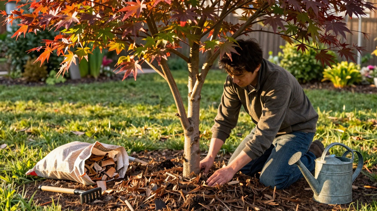 Person kneeling and spreading mulch around a small tree with red leaves in a sunny garden.