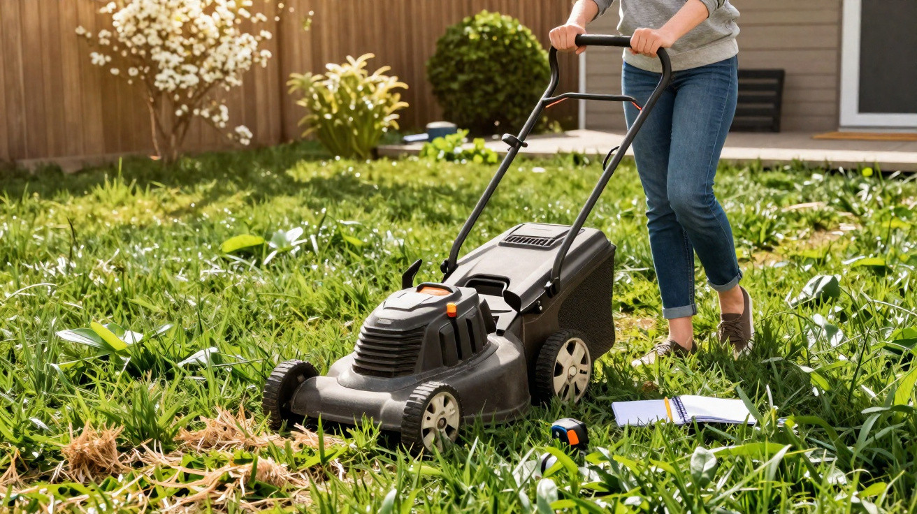 Person mowing an uncut lawn with a black electric lawnmower in a sunny backyard garden.