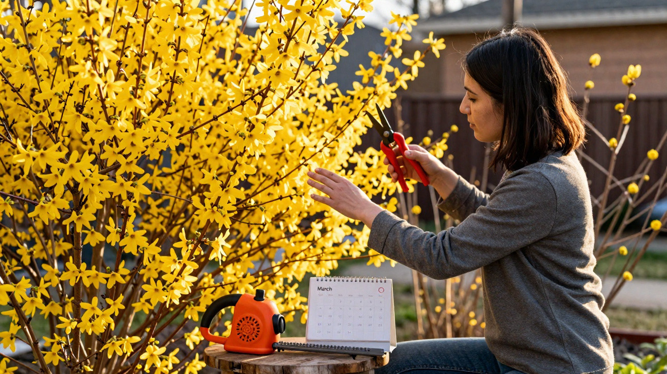 Woman pruning vibrant yellow forsythia bush with garden shears on a sunny day in a backyard.