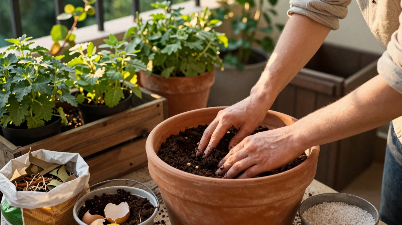 Person planting seeds in soil in a large terracotta pot surrounded by gardening supplies and plants.