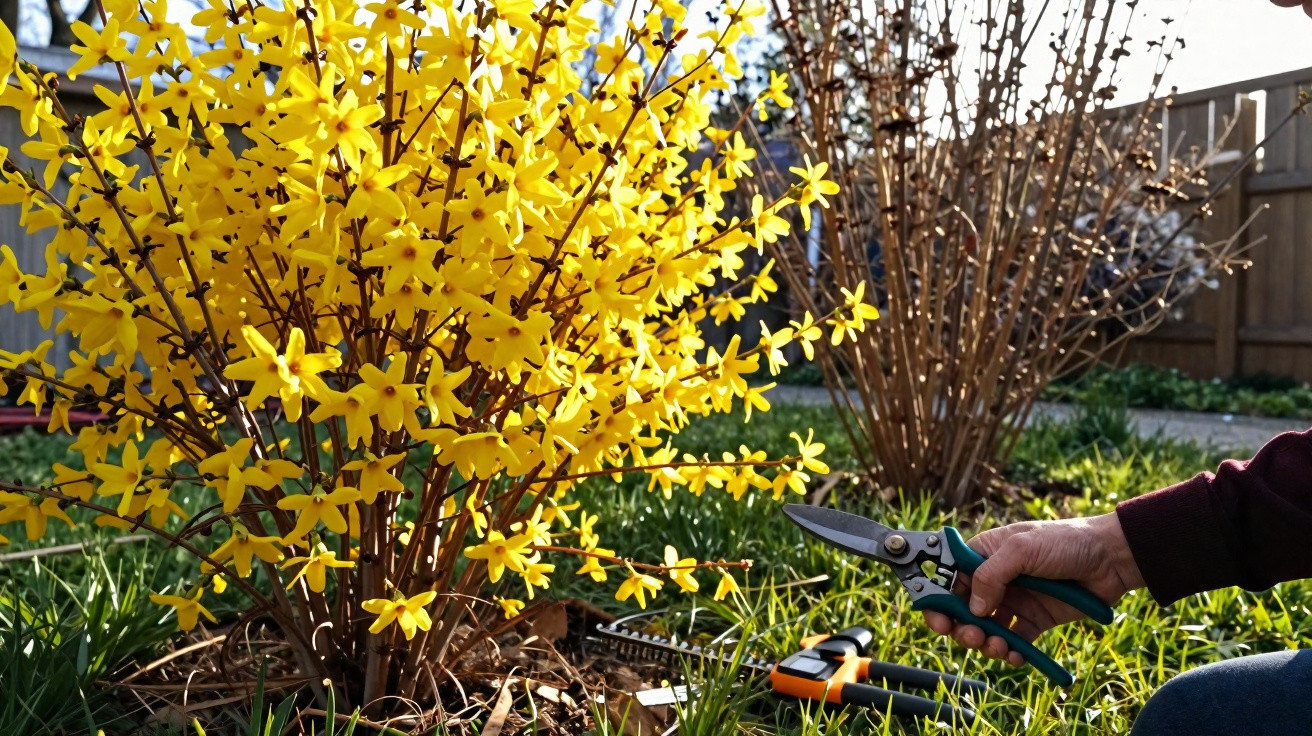 Person pruning vibrant yellow forsythia bush in sunny garden using green-handled secateurs.