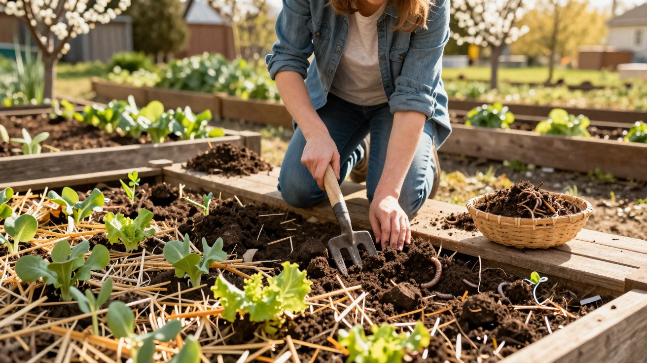 Person gardening with a hand fork in a raised bed, tending young vegetable plants on a sunny day.
