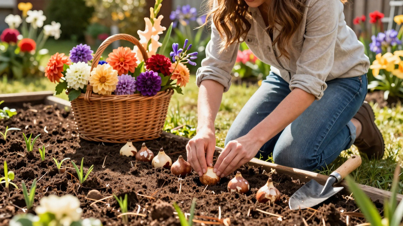 Person planting flower bulbs in garden bed next to a basket of colourful flowers on a sunny day.