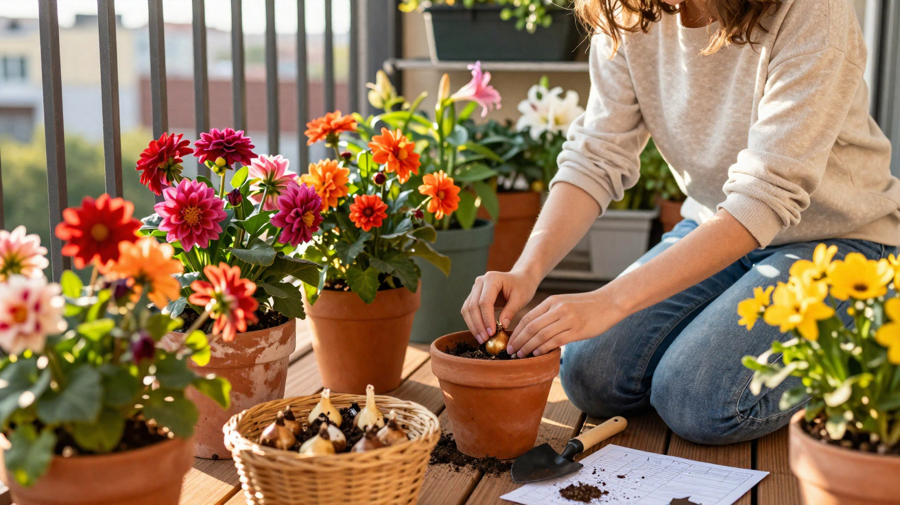 Person planting flower bulbs in terracotta pots on a balcony with colourful blooming flowers around.