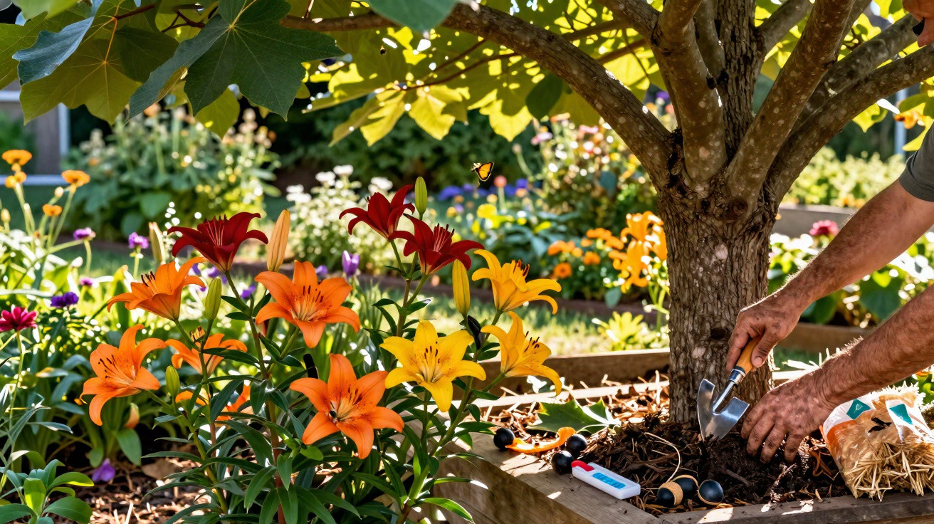 Hands gardening under a tree surrounded by vibrant lilies and a butterfly in a sunny flower bed.