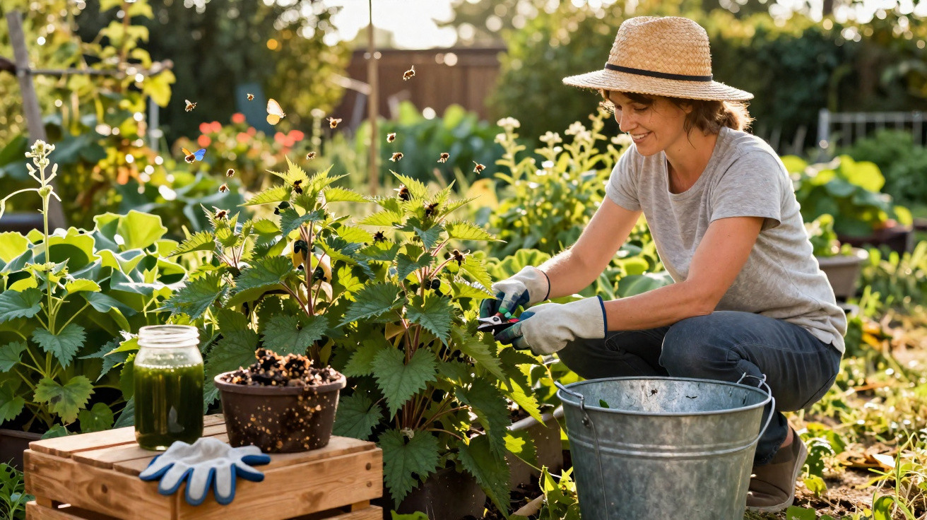 Woman wearing a straw hat and gloves harvesting berries from a leafy bush in a sunny garden.