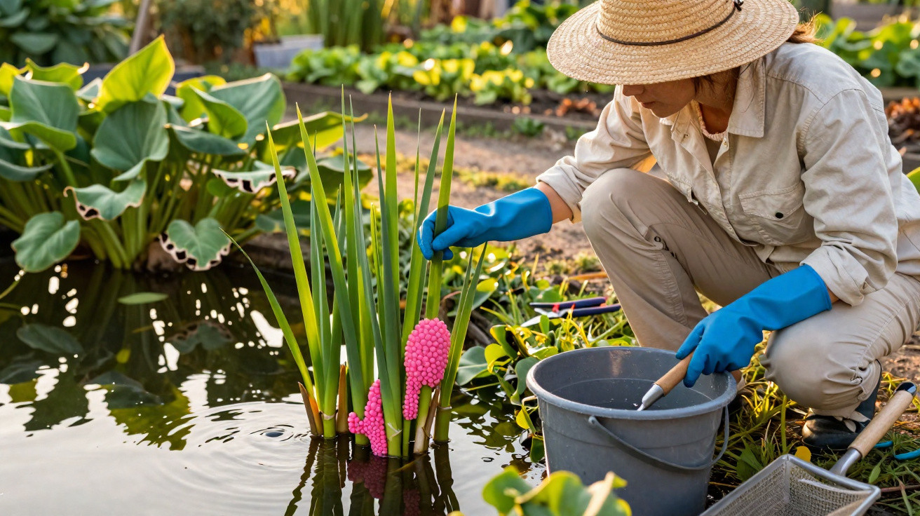 Person in blue gloves and straw hat collecting pink snail eggs from pond plants near garden.