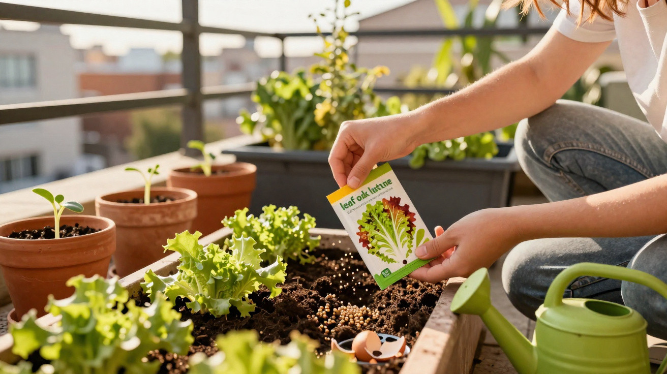 Person holding leaf oak lettuce seed packet over a raised garden bed with small lettuce plants and gardening tools.