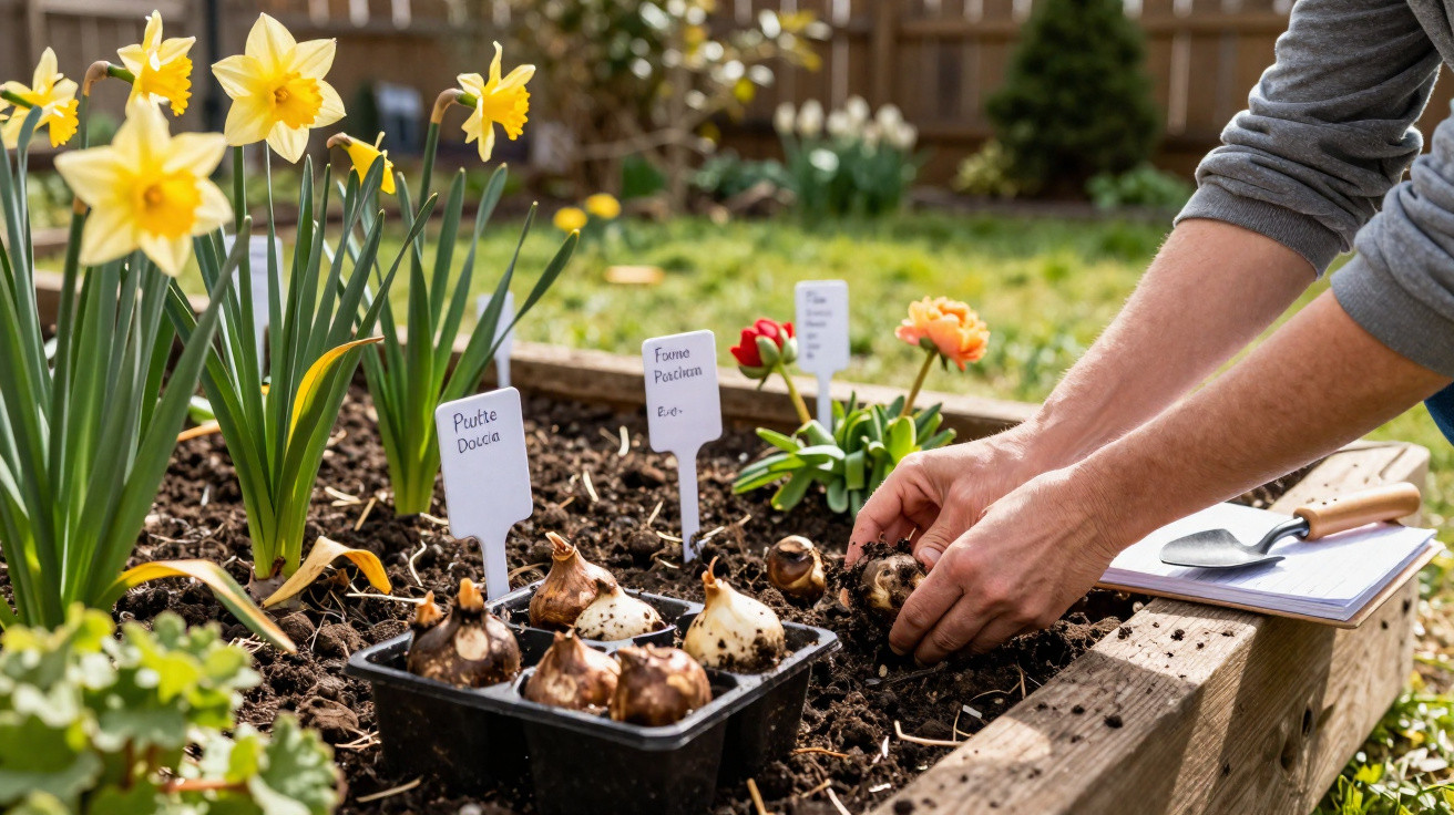 Person planting flower bulbs in soil near blooming daffodils in a raised garden bed outdoors.