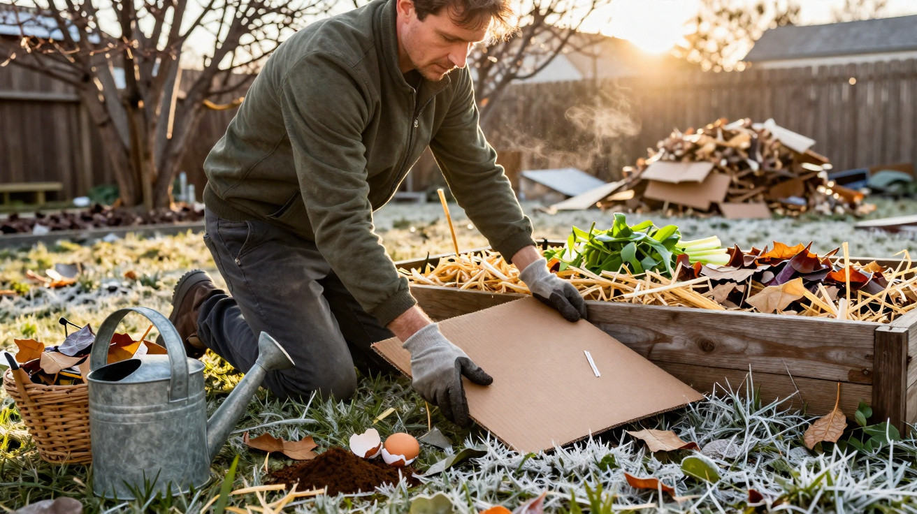 Man kneeling outdoors covering garden soil with cardboard and straw in a backyard at sunrise.