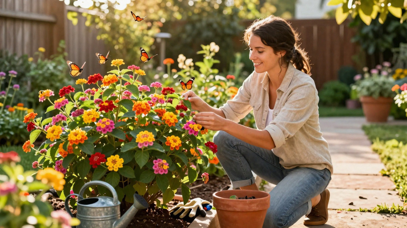 Woman kneeling in a garden tending to colourful flowers with butterflies flying around on a sunny day.