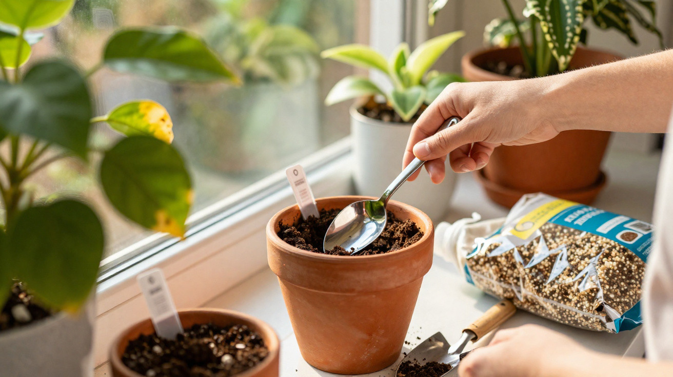 Hand holding a spoon planting seeds in a terracotta pot on a windowsill with other potted plants.