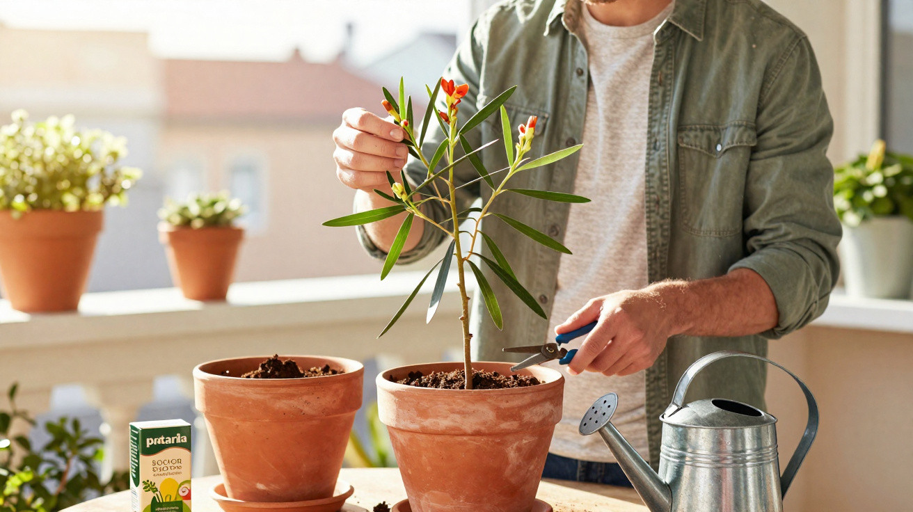 Person pruning a potted flowering plant on a sunlit balcony with gardening tools and pots nearby.